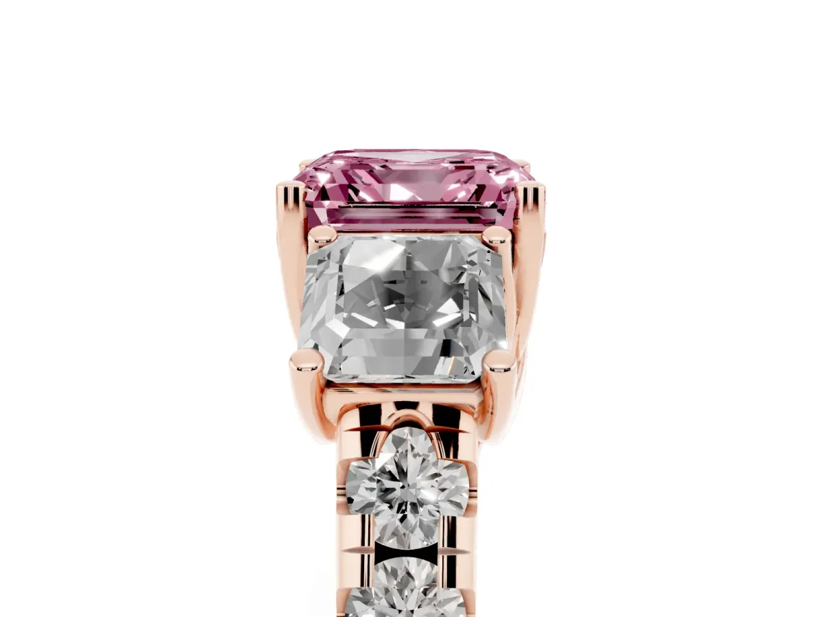 Fancy Pink Three-Stone Asscher Cut Diamond Pavé Band with Prong Setting Rose gold