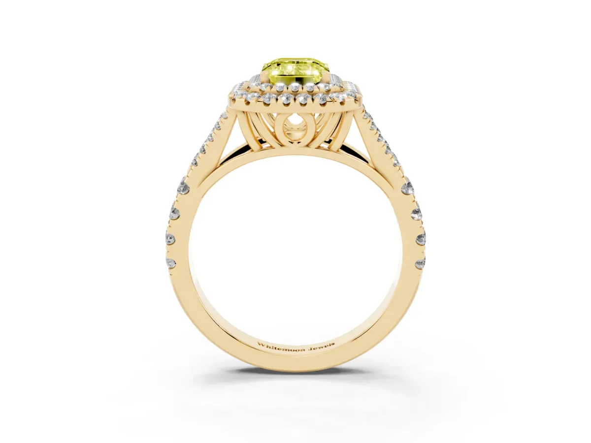 Fancy Yellow Emerald Cut Diamond Pavé Split Shank Double Halo Engagement Ring Yellow gold