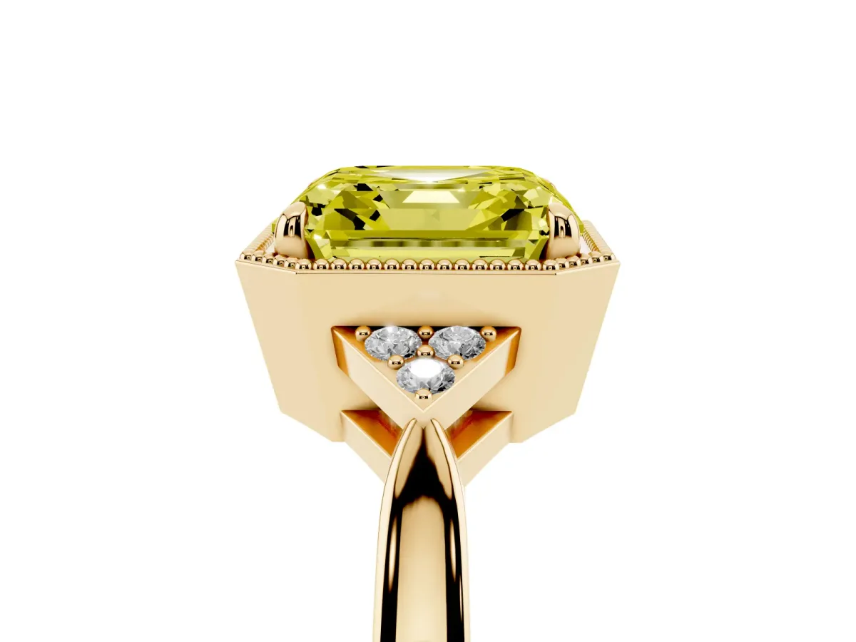 Fancy Yellow Hexagonal Halo Asscher Cut Diamond Solitaire with Pavé Band and Four-Prong Setting Yellow gold