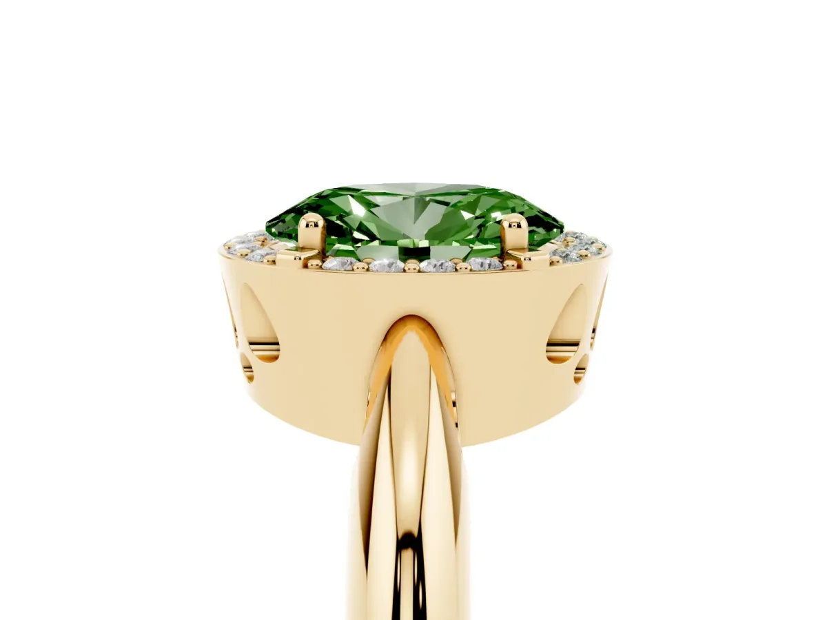 Fancy Green Oval Cut Cut Diamond Halo Engagement Ring with Split Shank and Four-Prong Setting Yellow gold
