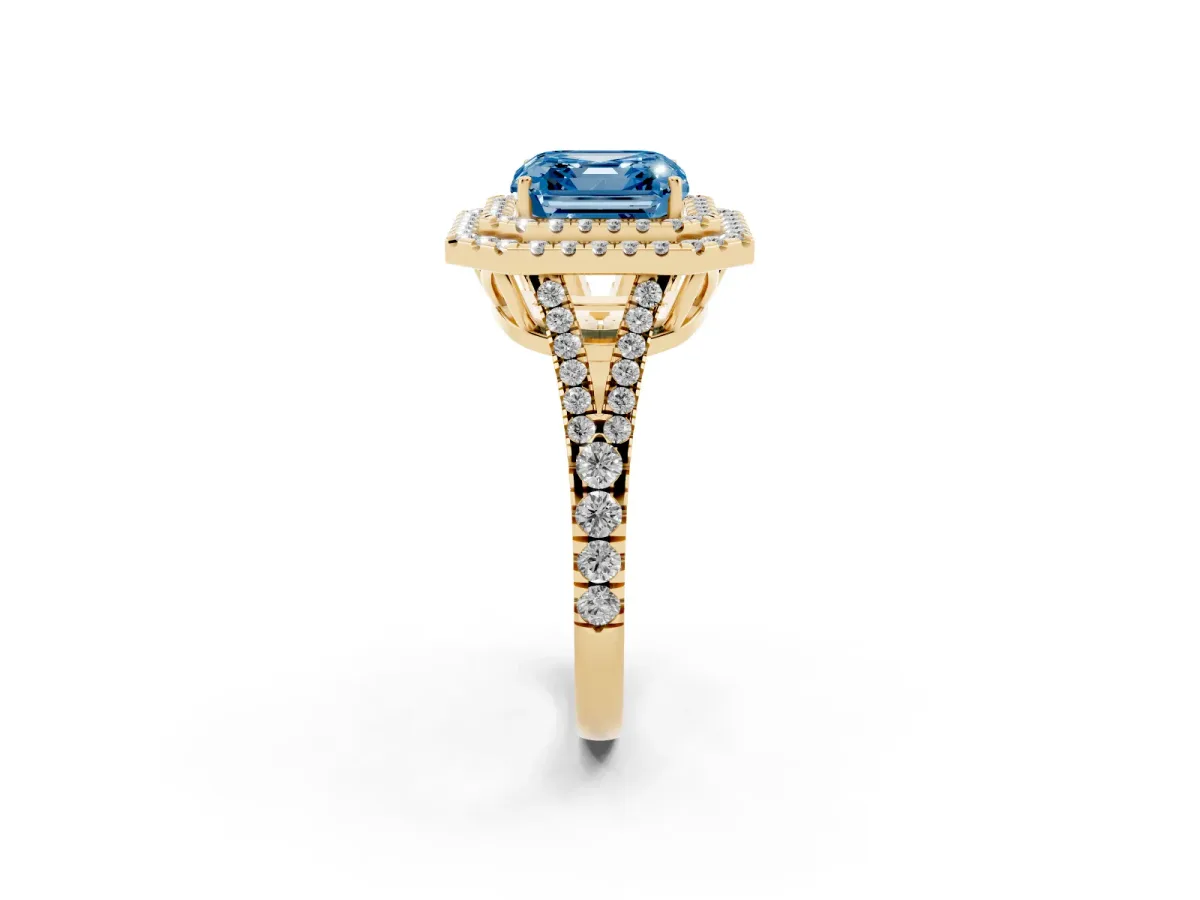 Fancy Blue Asscher Cut Diamond Double Halo Ring with Pavé Band and Prong Setting Yellow gold