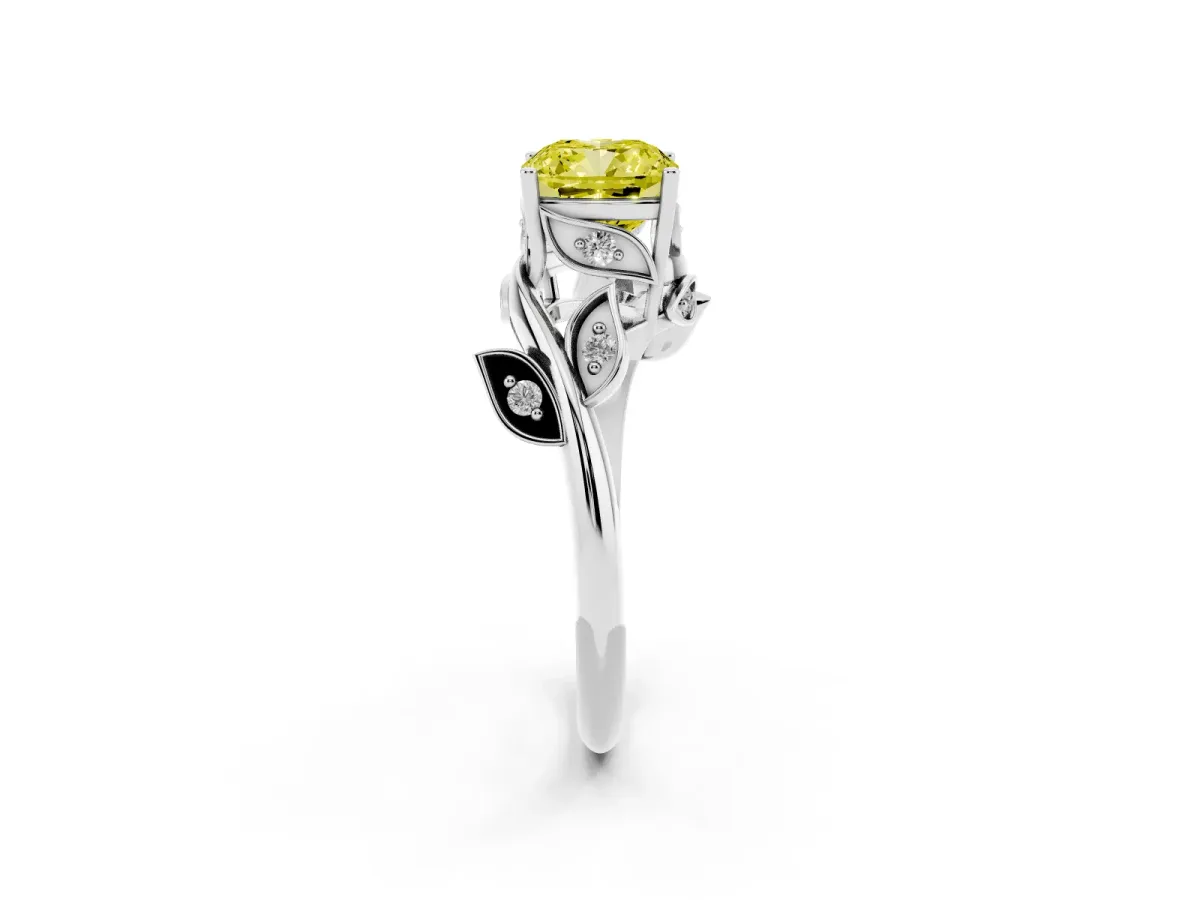 Fancy Yellow Cushion Cut Solitaire Twist Engagement Ring with Leaf Accents and Prong Setting Platinum
