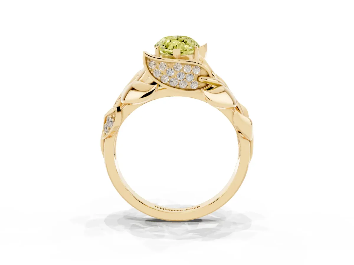 Fancy Yellow Marquise Cut Diamond Leaf-Inspired Engagement Ring with Round Accents and Prong Setting Yellow gold