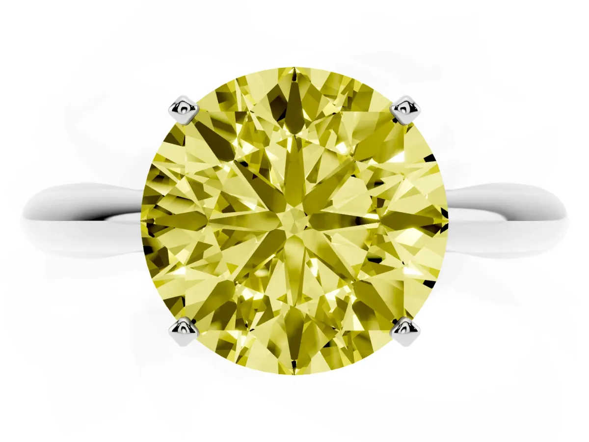 Fancy Yellow Round Cut Diamond Solitaire Engagement Ring with Cathedral Setting and Four-Prong Mount Silver