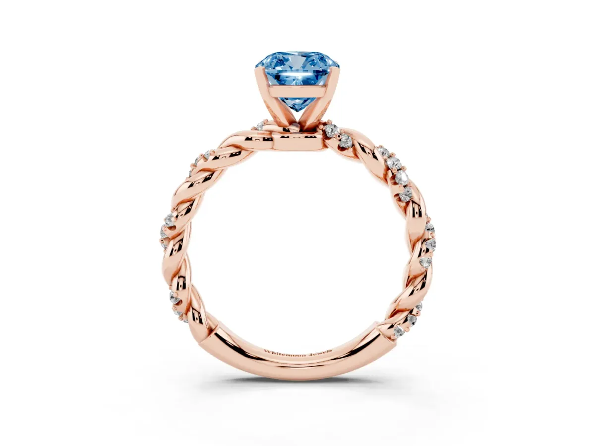 Fancy Blue Cushion Cut Diamond Solitaire Ring with Twisted Band and Pavé Accents Rose gold