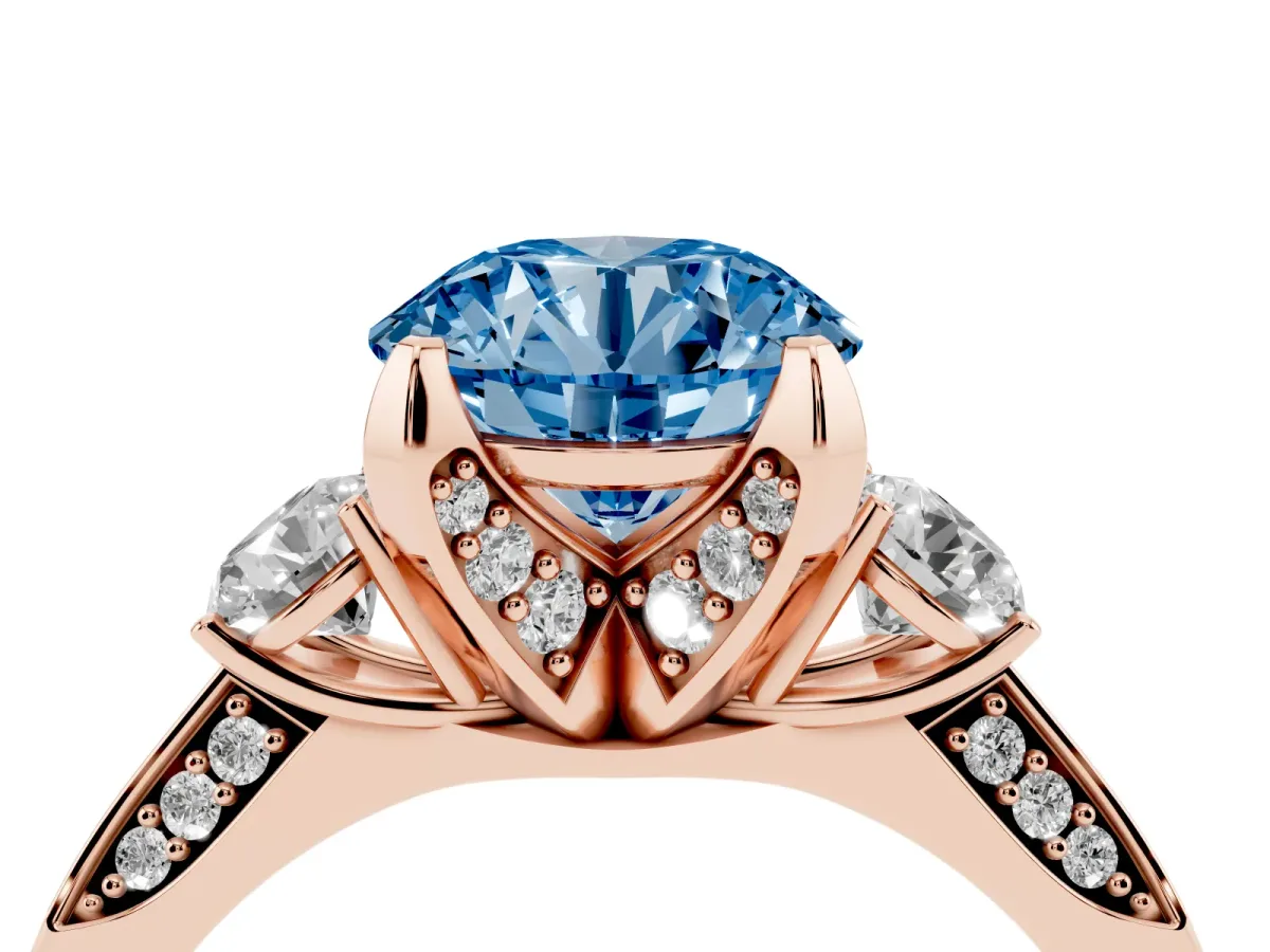 Fancy Blue Round Cut Brilliant Three-Stone Diamond Ring with Pavé Band and Four-Prong Setting Rose gold