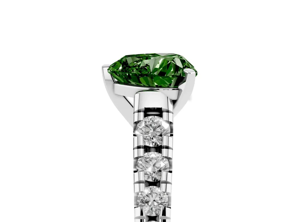 Fancy Green Heart Cut Diamond Cathedral Solitaire Ring with Round Pavé Band Silver