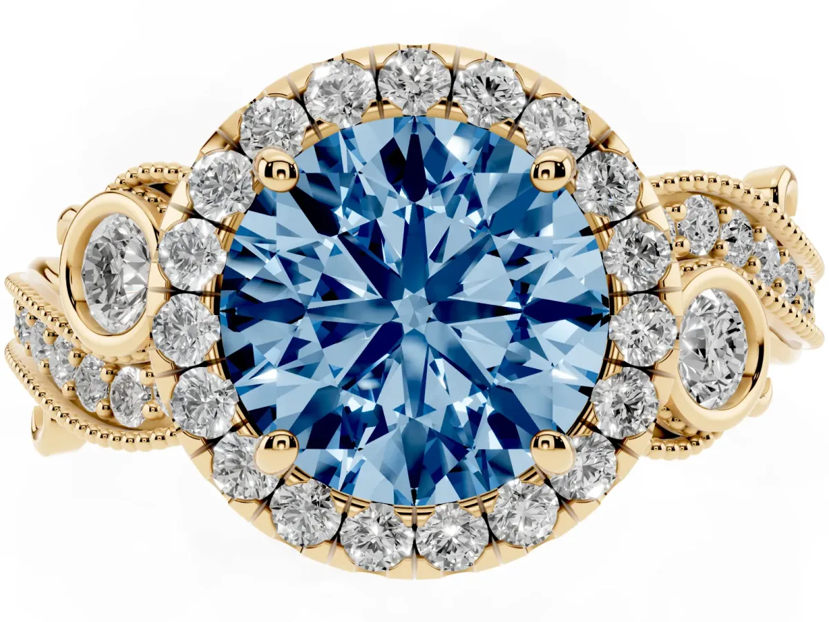 Fancy Blue Round Cut Diamond Halo Ring with Milgrain Pavé Band and Four-Prong Setting Yellow gold