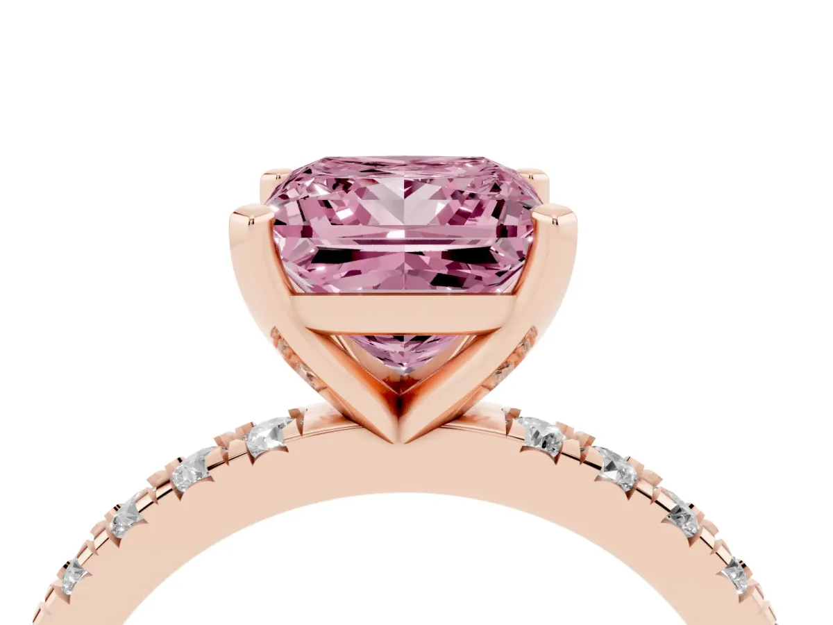 Fancy Pink Princess Cut Diamond Pavé Band Solitaire with Four-Prong Setting Rose gold