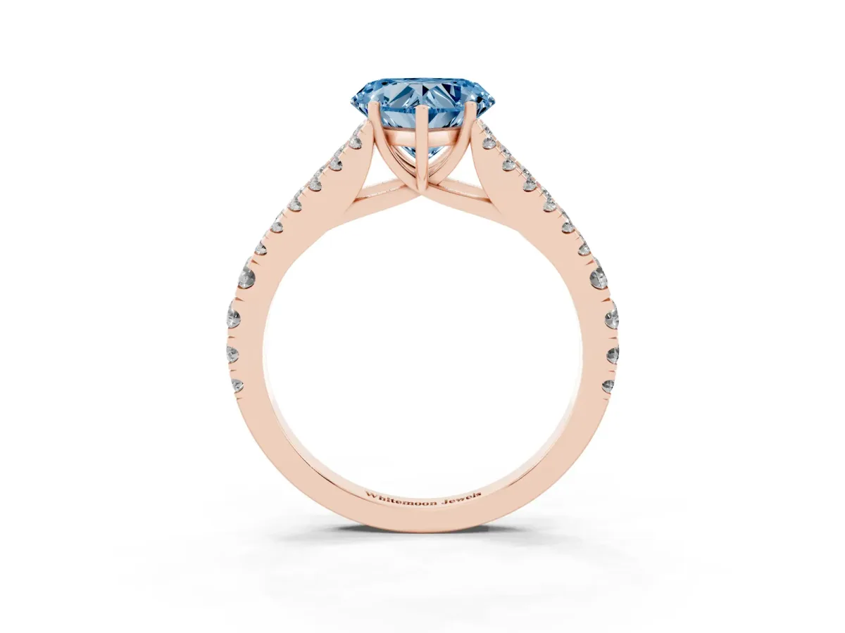 Fancy Blue Heart Cut Diamond Split Shank Engagement Ring with Round Pavé and Prong Setting Rose gold