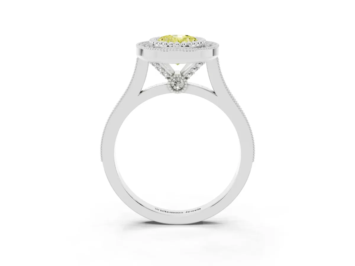 Fancy Yellow Oval Cut Diamond Halo Ring with Milgrain Frame and Pavé Band White gold