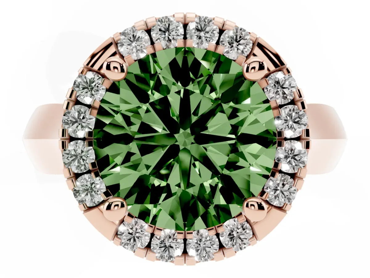 Fancy Green Round Cut Cut Halo Solitaire Engagement Ring with Square Band and Four-Prong Setting Rose gold