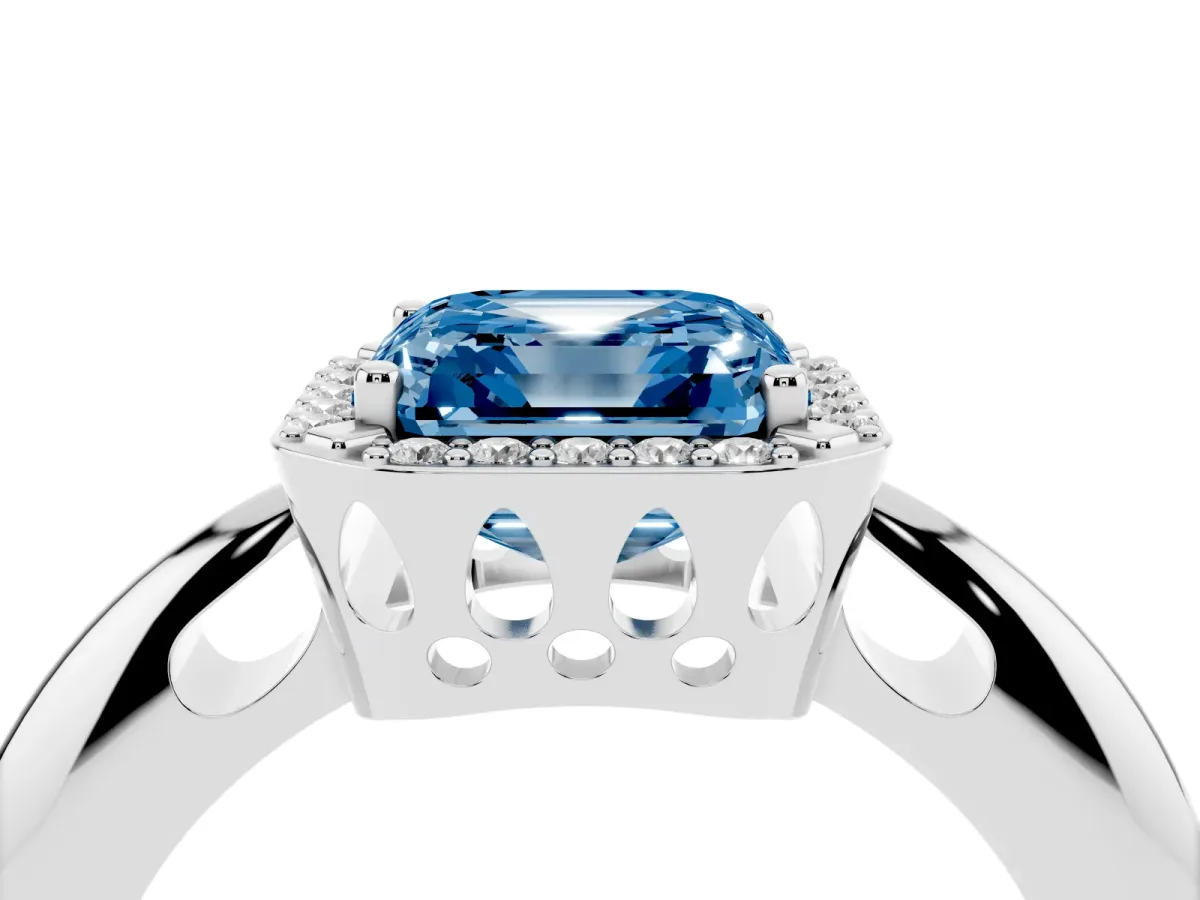 Fancy Blue Asscher Cut Cut Diamond Halo Engagement Ring with Split Shank and Four-Prong Setting Platinum