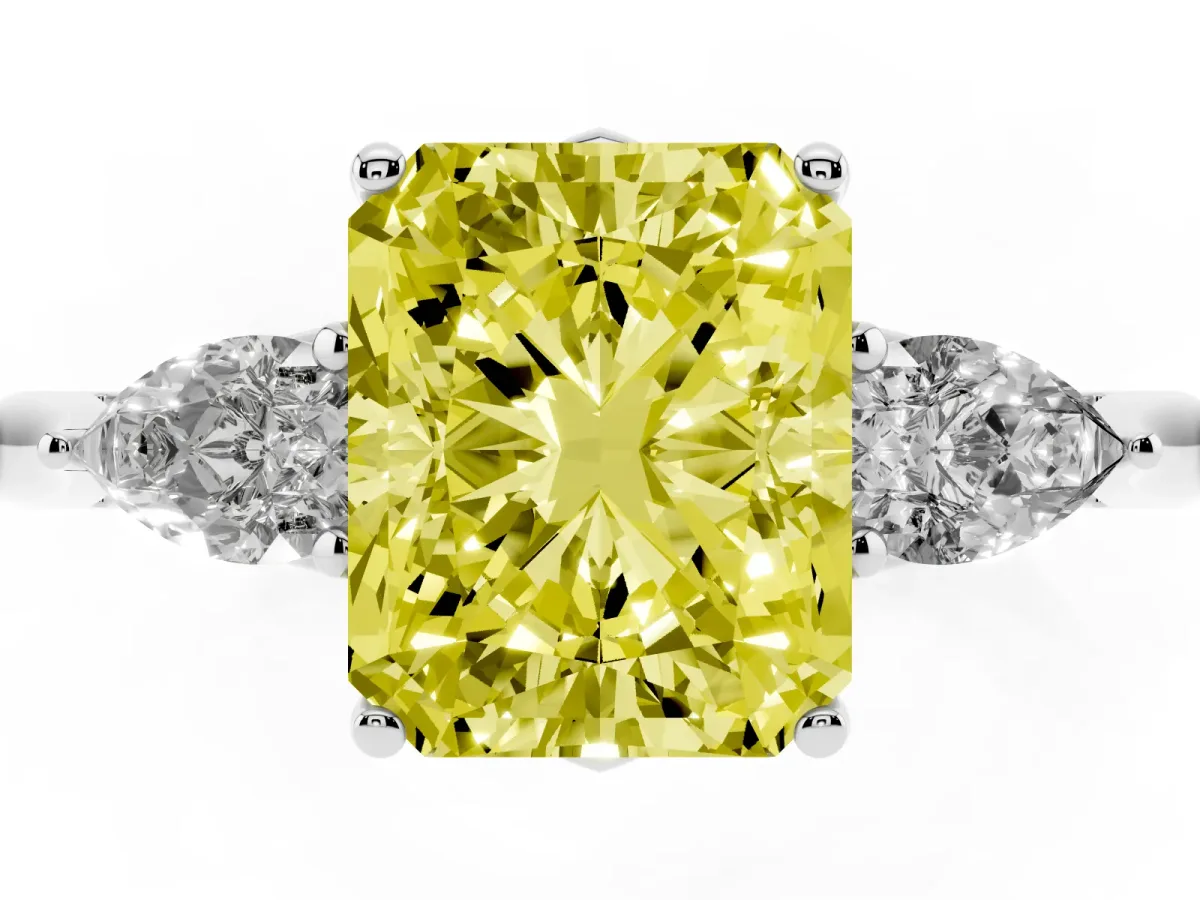 Fancy Yellow Three-Stone Radiant Cut Brilliant Diamond Solitaire Ring with Tapered Band and Four-Prong Setting Silver