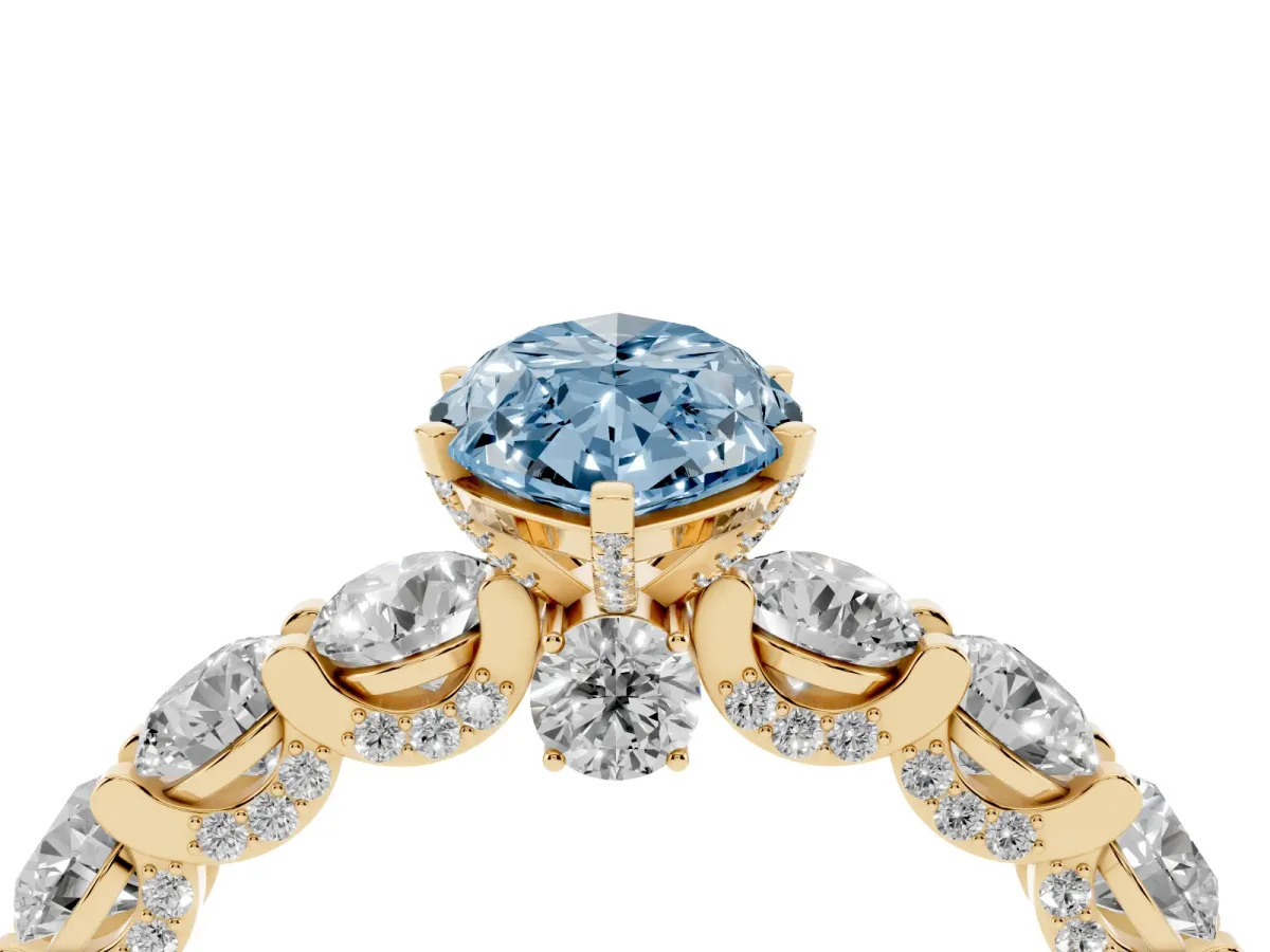 Fancy Blue Marquise Cut Diamond Side Stone Engagement Ring with Four-Prong Setting Yellow gold