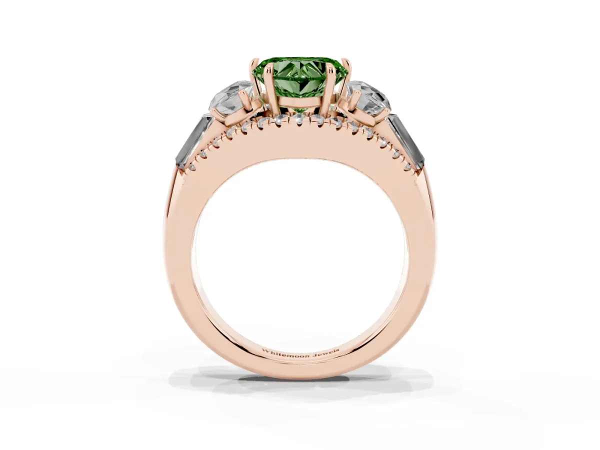 Fancy Green Three-Stone Heart Cut Diamond Engagement Ring with Pave Band and Prong Setting Rose gold