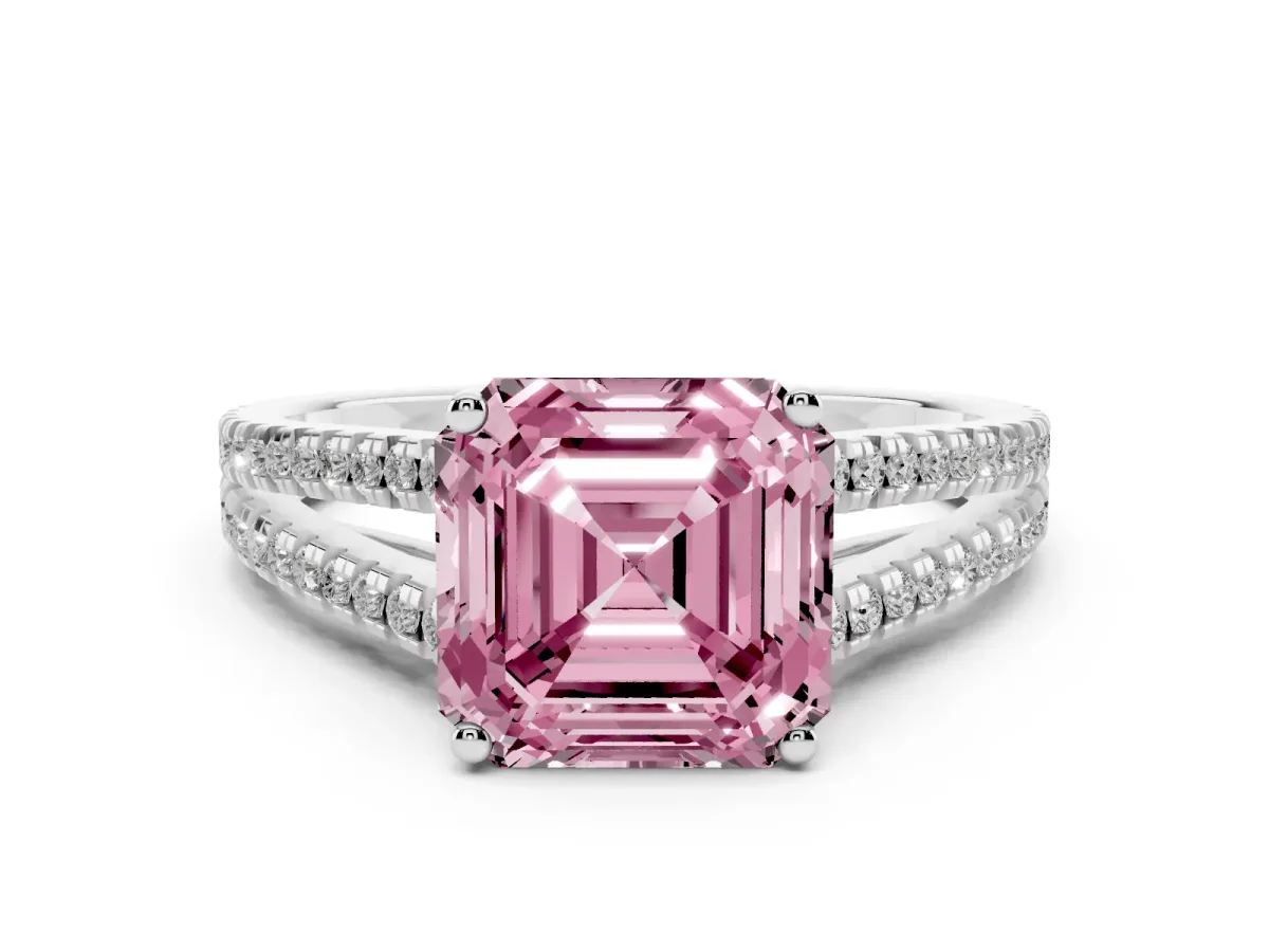 Fancy Pink Asscher Cut Diamond Solitaire Engagement Ring with Split Shank Pavé Band Platinum