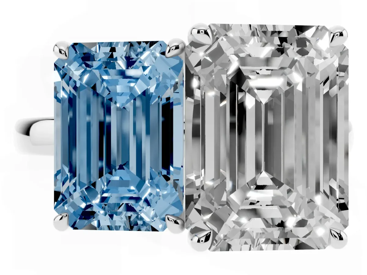 Fancy Blue Emerald Cut and Emerald Cut Toi Moi Ring with Prong Setting Silver