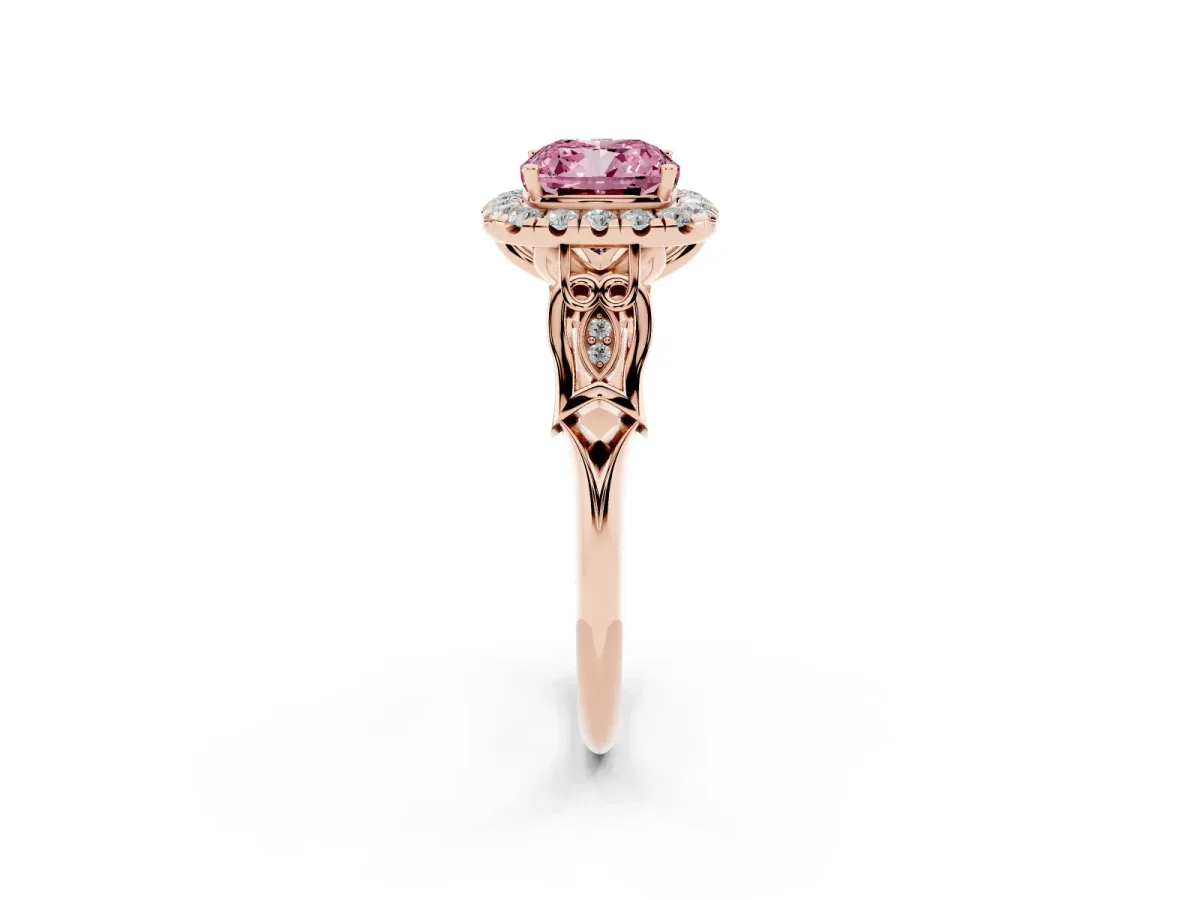 Fancy Pink Cushion Cut Halo Diamond Engagement Ring with Filigree Band and Four-Prong Setting Rose gold