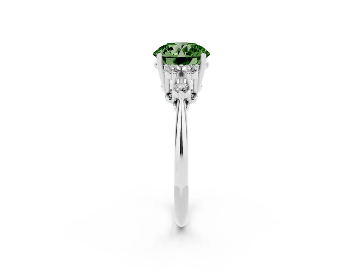 Fancy Green Round Cut Cut Diamond Cluster Ring with Solitaire Band and Four-Prong Setting Silver