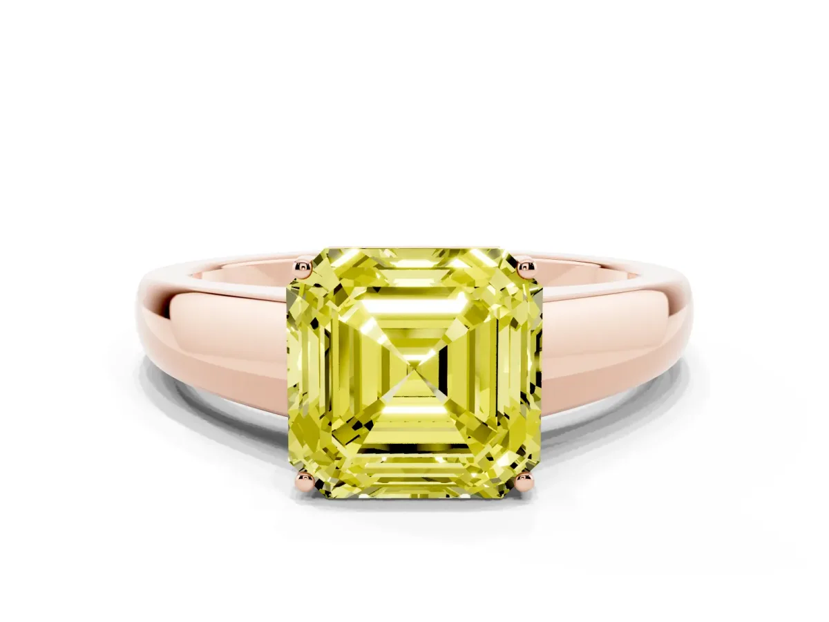 Fancy Yellow Asscher Cut Solitaire Diamond Ring with Tapered Band and Four-Prong Setting Rose gold