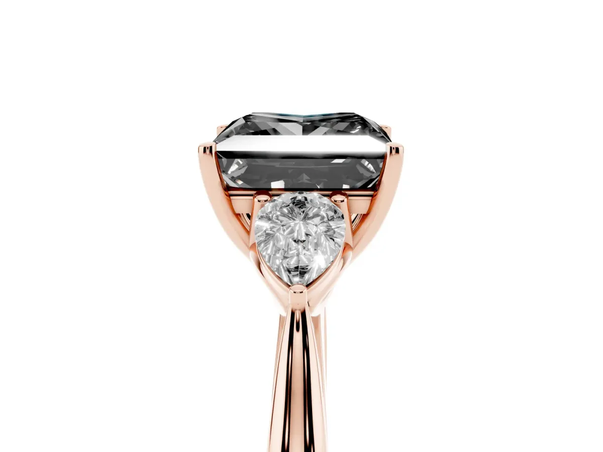 Fancy Black Princess Cut Diamond Three-Stone Ring with Pear Side Stones and Prong Setting Rose gold