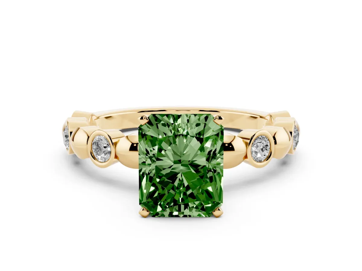 Fancy Green Radiant Cut Solitaire Bezel-Set Diamond Ring with Beaded Band and Four-Prong Setting Yellow gold