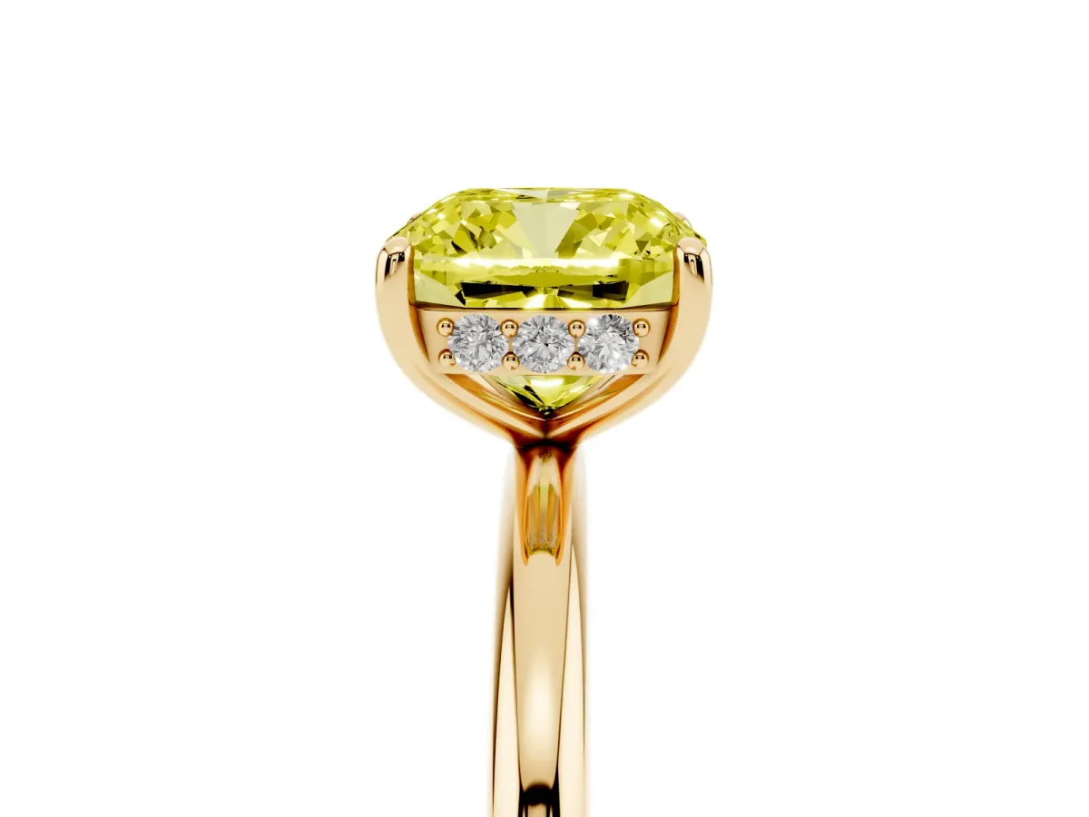 Fancy Yellow Cushion Cut Solitaire Diamond Ring with a Classic Band and Four-Prong Setting Yellow gold