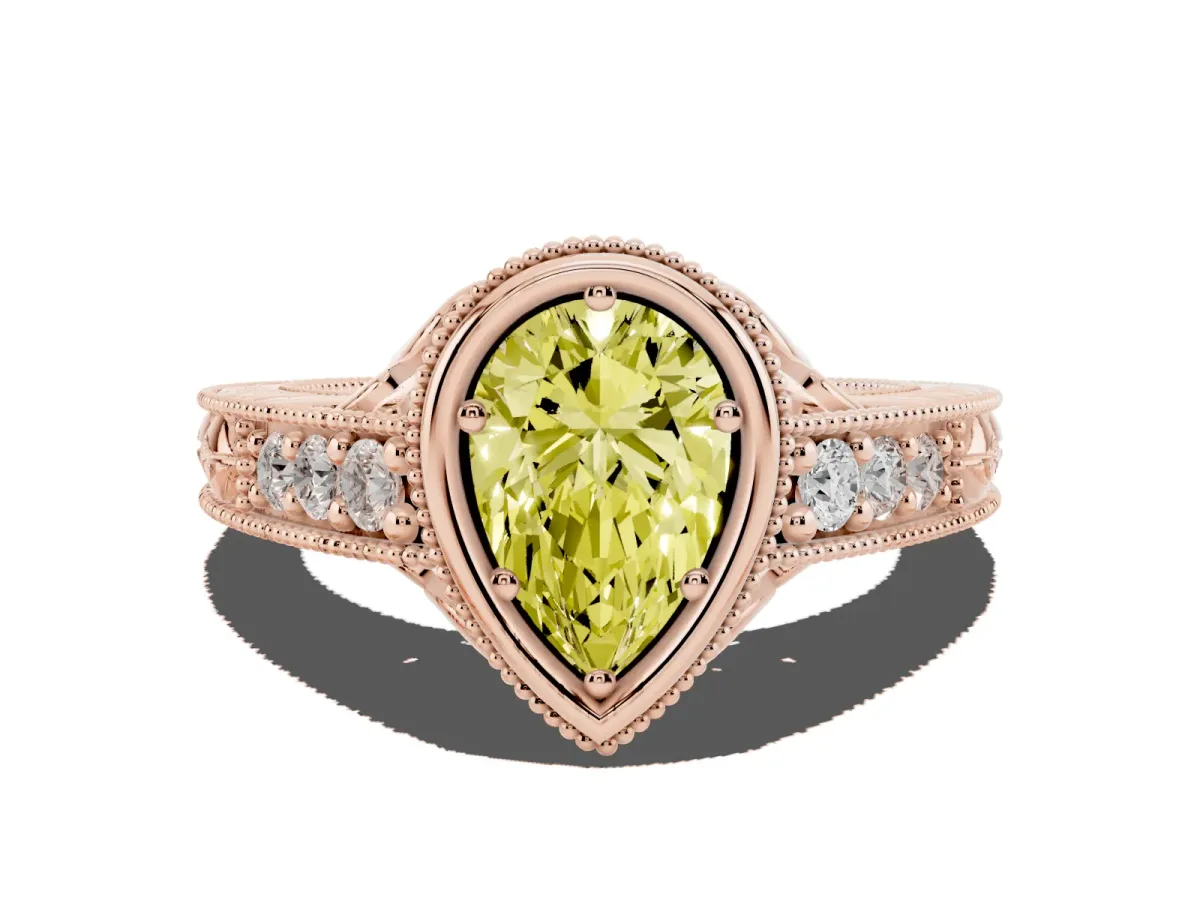 Fancy Yellow Bezel Set Pear Cut Diamond Milgrain Pave Engagement Ring Rose gold