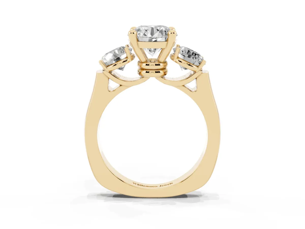 Three-Stone Round Cut Brilliant Diamond Trellis Ring with Comfort Fit Band Yellow gold