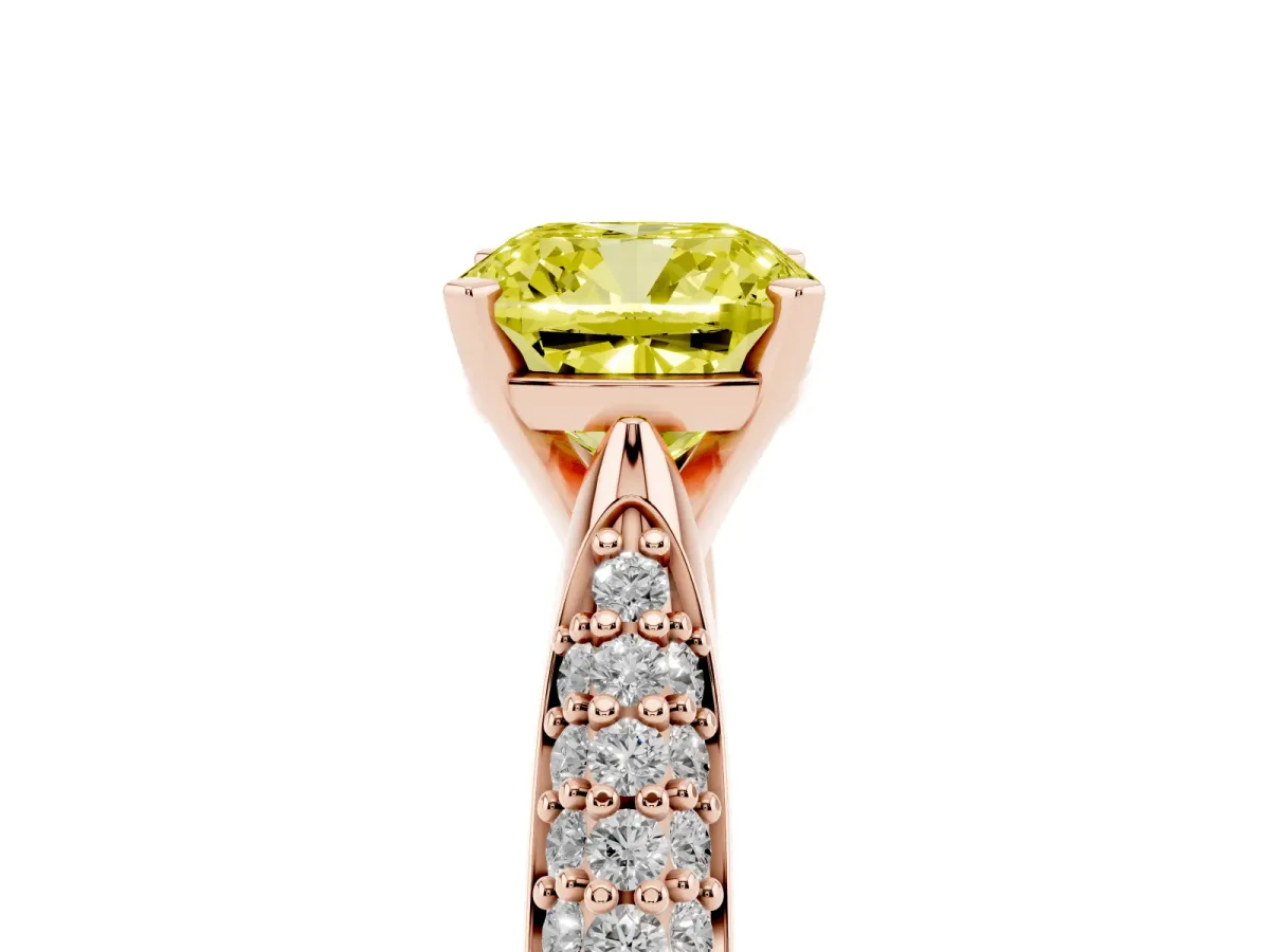 Fancy Yellow Cushion Cut Diamond Solitaire Engagement Ring with Multi-Row Round Pavé Band and Prong Setting Rose gold