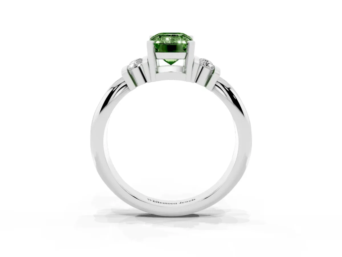 Fancy Green Emerald Cut Cut Three-Stone Channel Set Ring with Bar Prongs Silver
