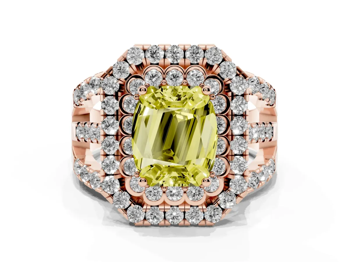 Fancy Yellow Emerald Cut Diamond Double Halo Ring with Round Pavé Split Shank and Prong Setting Rose gold