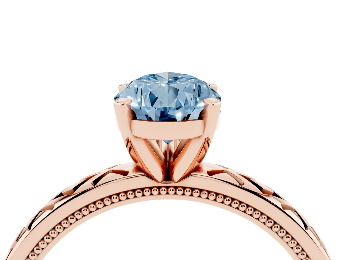 Fancy Blue Pear Cut Solitaire Diamond Ring with Milgrain and Black Enamel X Pattern Band Rose gold
