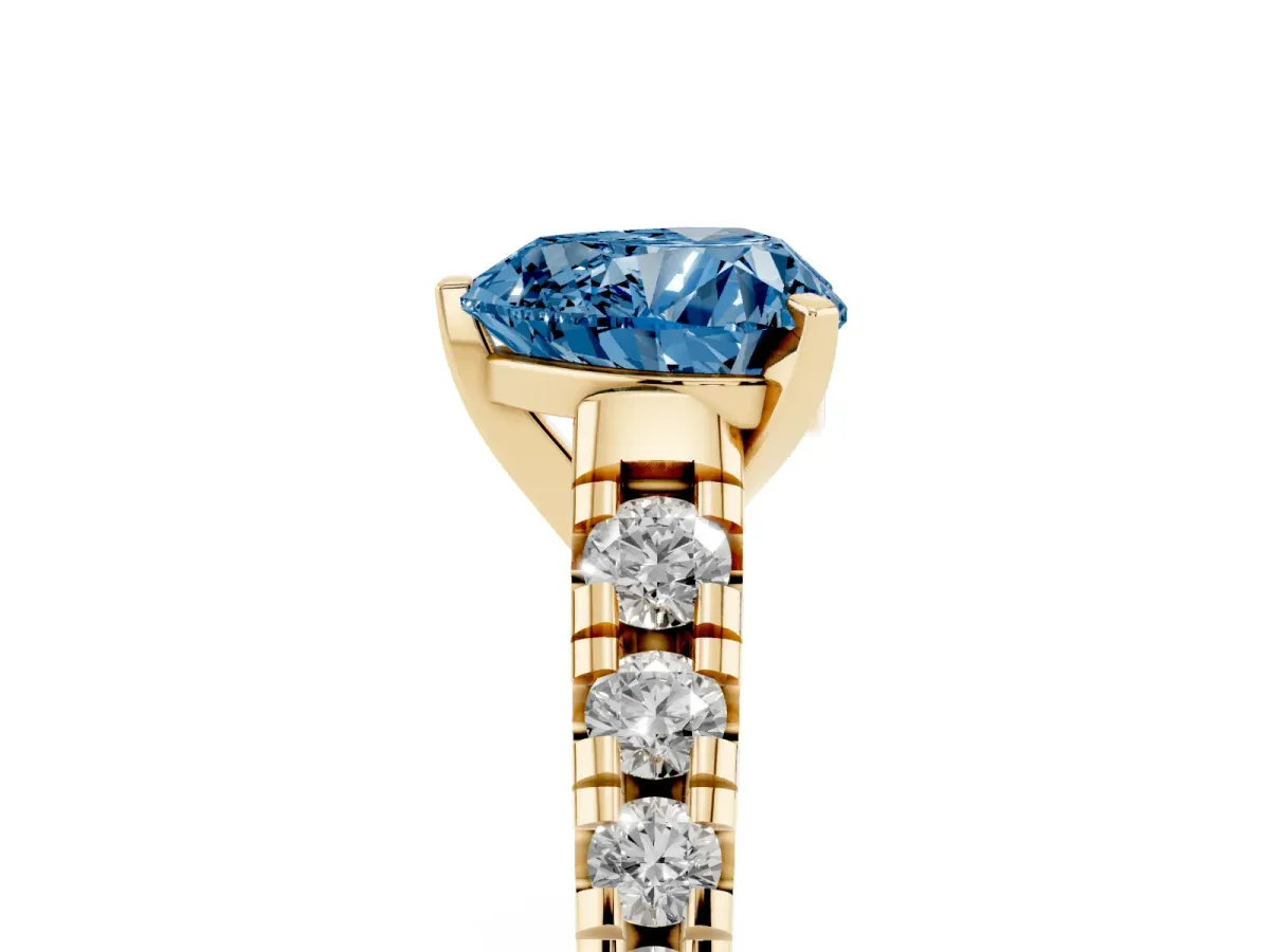 Fancy Blue Heart Cut Diamond Cathedral Solitaire Ring with Round Pavé Band Yellow gold