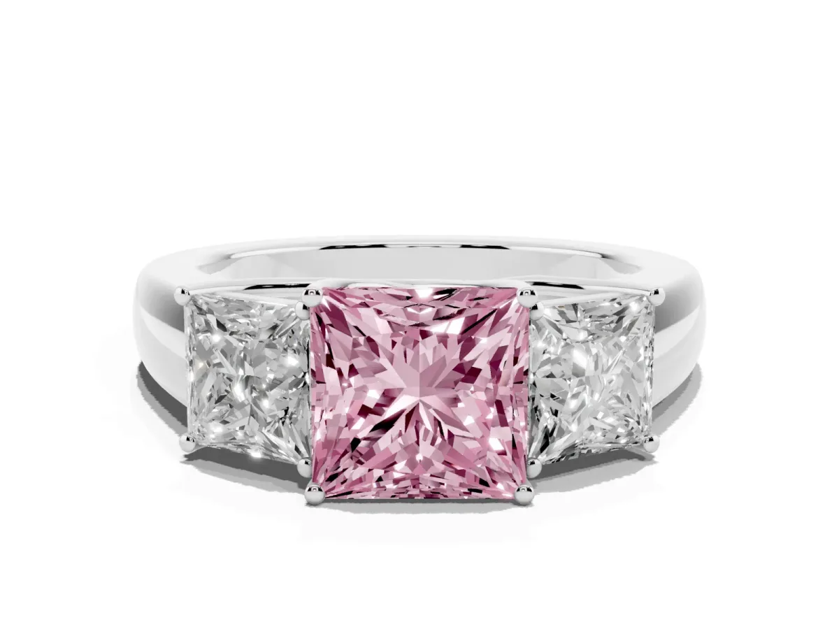 Fancy Pink Three-Stone Princess Cut Cut Diamond Ring with Prong Setting and Classic Band Silver