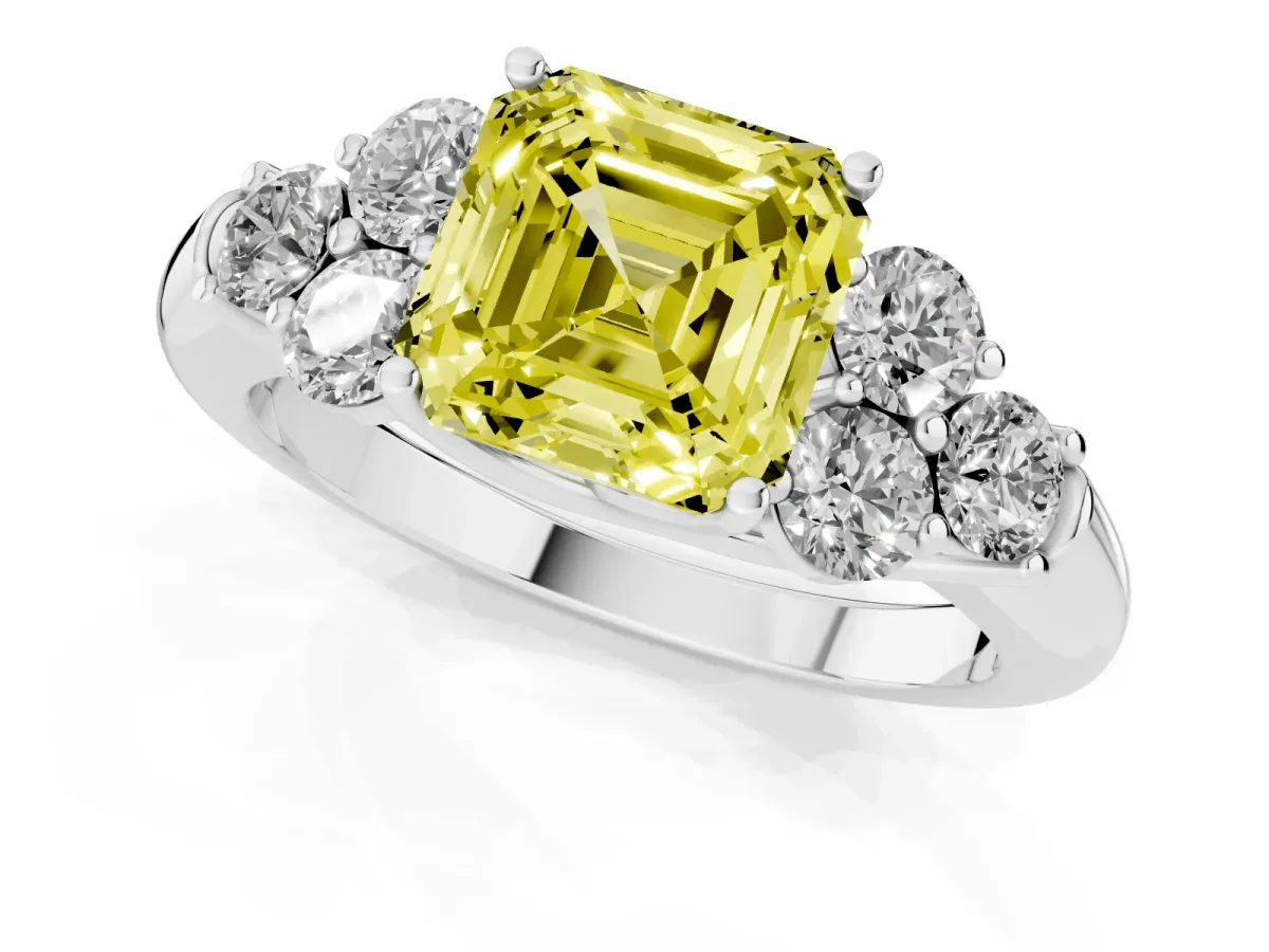 Fancy Yellow Asscher Cut Cut Diamond Cluster Ring with Round Accent Stones and Prong Setting on a Classic Band White gold