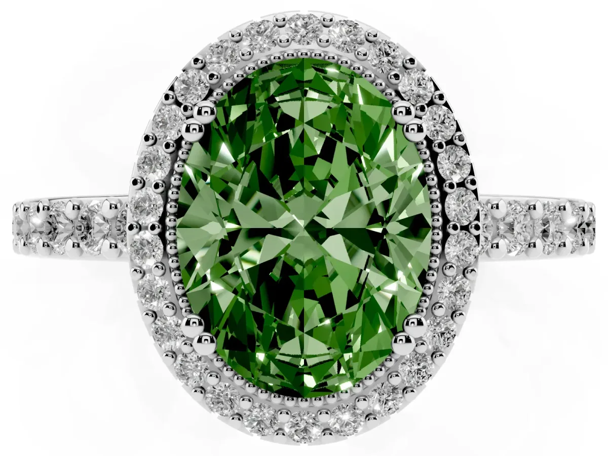 Fancy Green Oval Cut Cut Diamond Halo Engagement Ring with Milgrain Detail and Pavé Band Silver