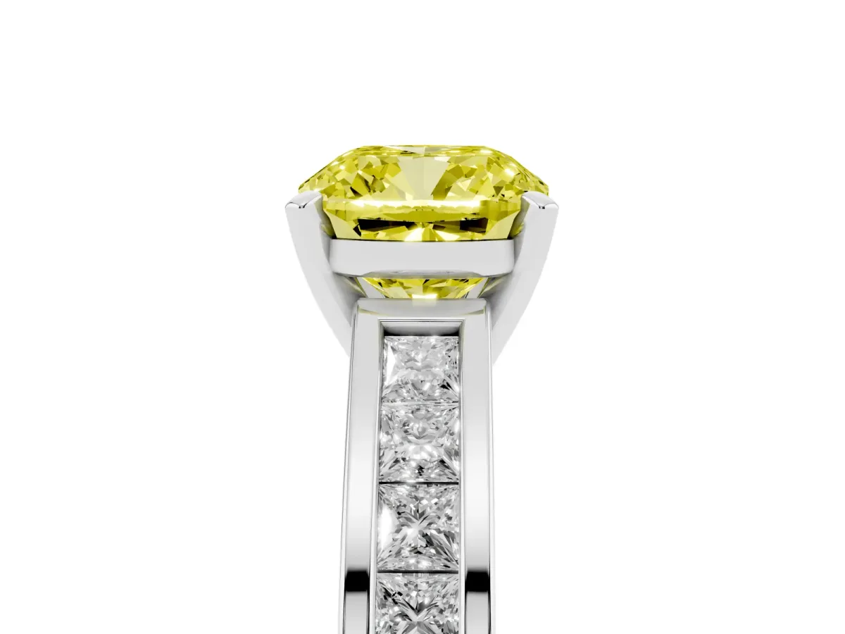 Fancy Yellow Cushion Cut Solitaire Diamond Ring with Channel-Set Band and Four-Prong Setting White gold