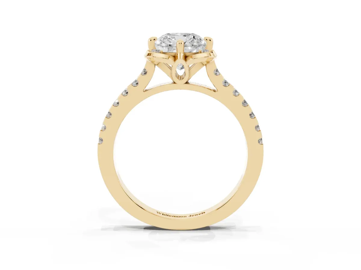 Cushion Cut Diamond Ring with Pavé Band and Floral Prong Setting Yellow gold