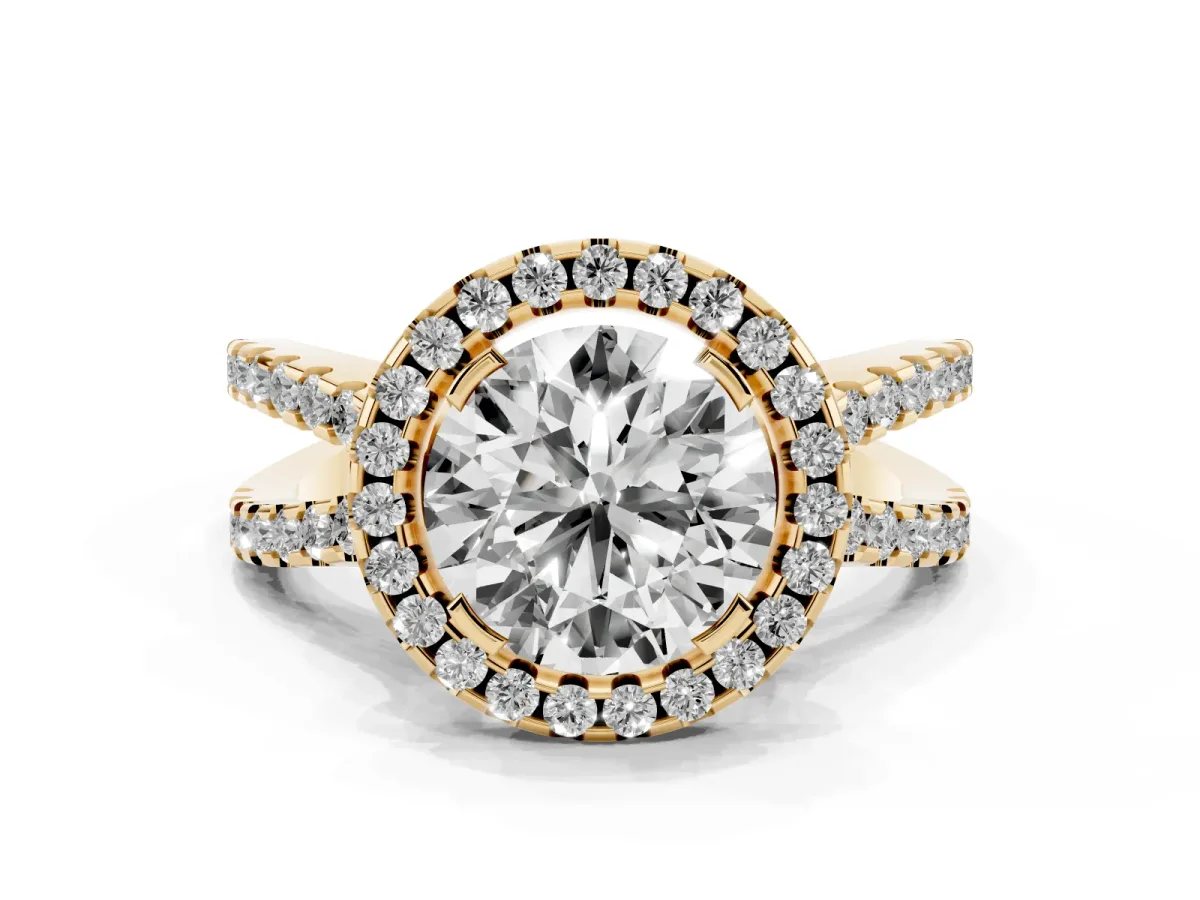 Round Cut Diamond Halo Ring with Split Shank Pavé Band and Prong Setting Yellow gold