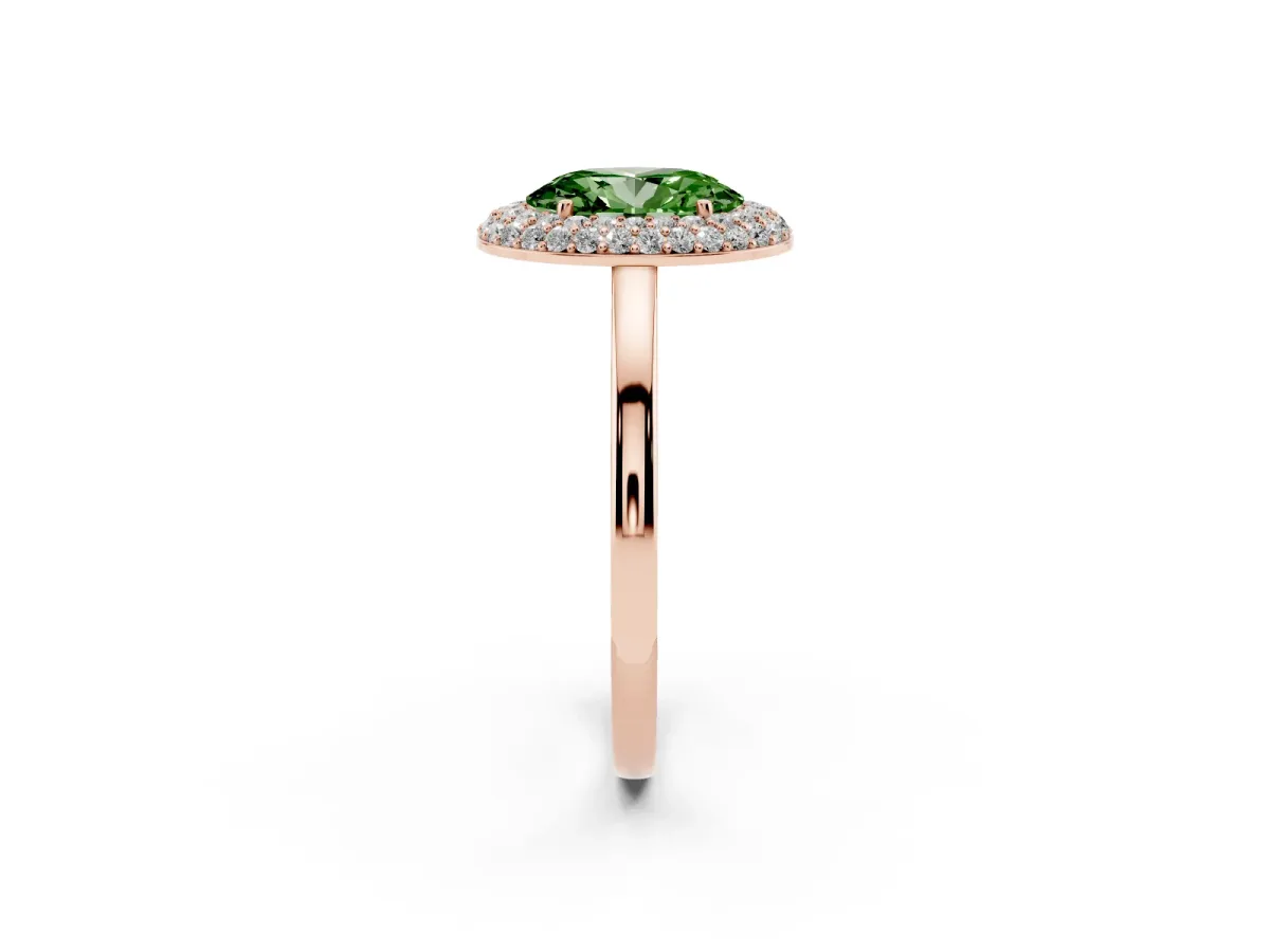Fancy Green Oval Cut Halo Diamond Engagement Ring with Solitaire Band and Four-Prong Setting Rose gold
