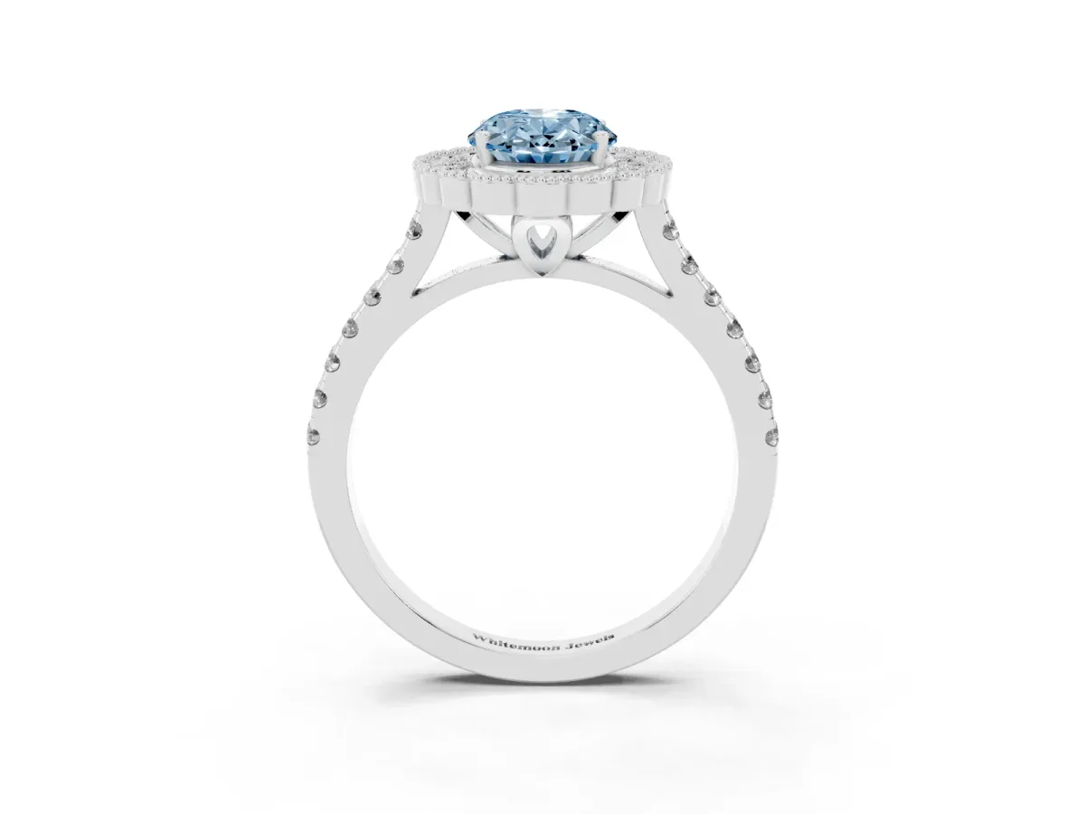 Fancy Blue Oval Cut Cut Diamond Milgrain Floral Halo Engagement Ring with Pavé Band White gold