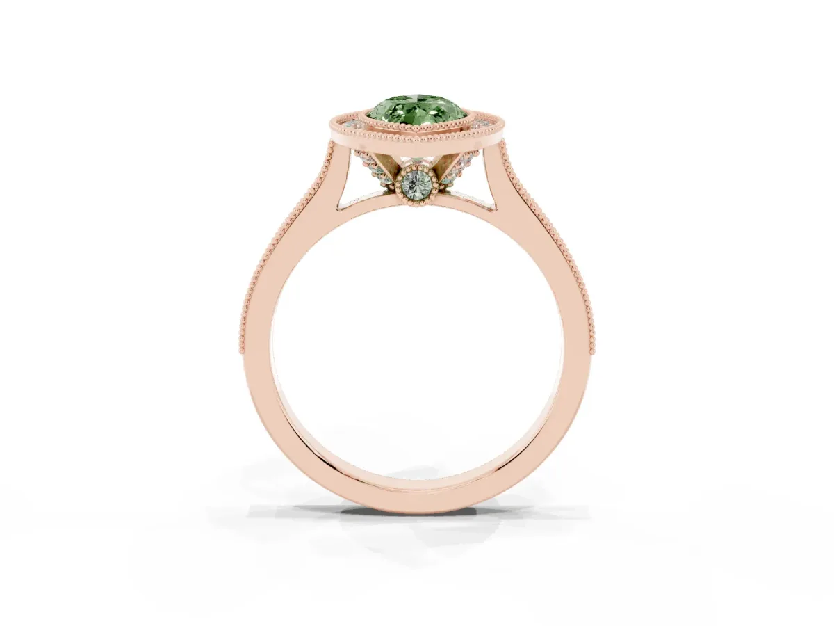 Fancy Green Halo Marquise Cut-Cut Diamond Pave Band Milgrain Prong Setting Ring Rose gold