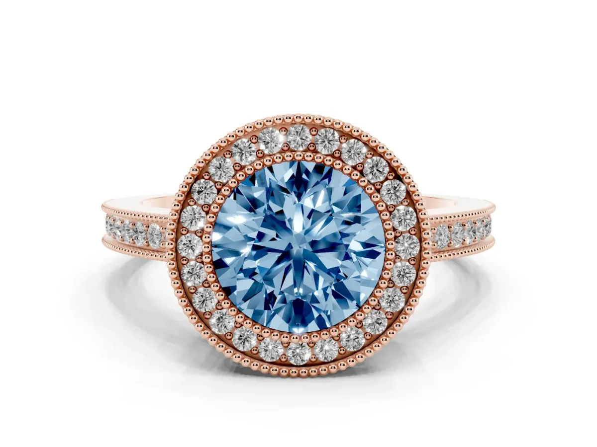 Fancy Blue Round Cut Cut Halo Diamond Ring with Pavé Band and Milgrain Prong Setting Rose gold