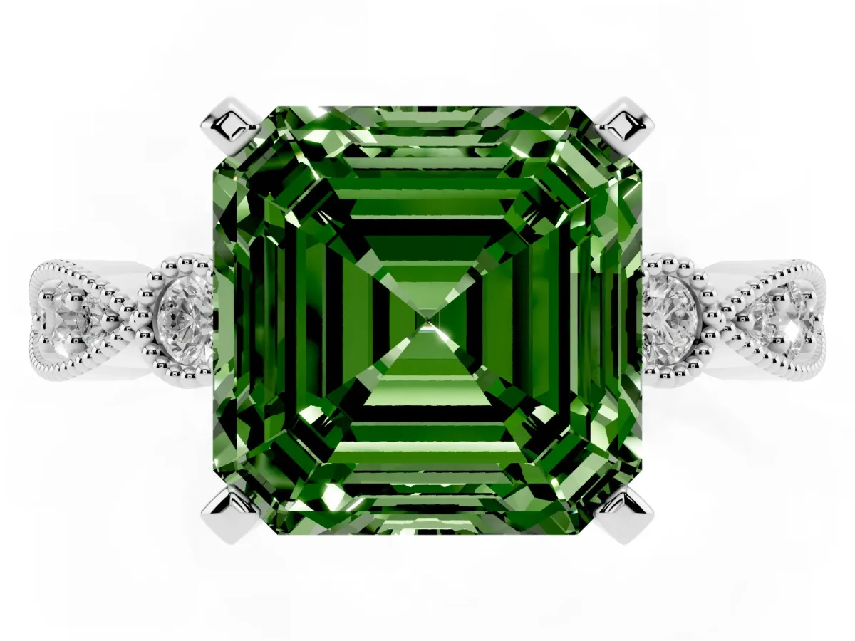 Fancy Green Asscher Cut Milgrain Bezel Diamond Engagement Ring with Solitaire Prong Setting Silver