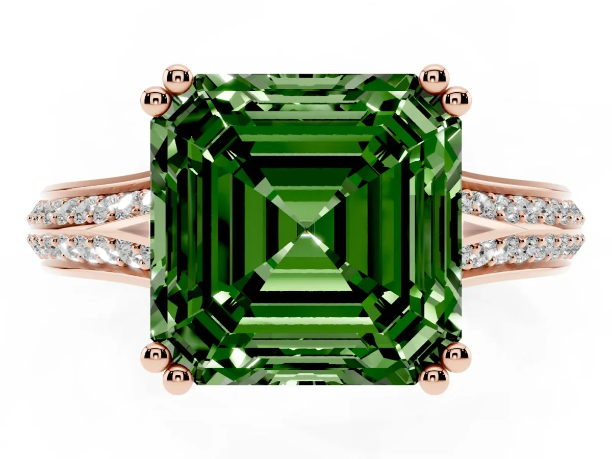 Fancy Green Asscher Cut Diamond Split Shank Engagement Ring with Pavé Band Rose gold