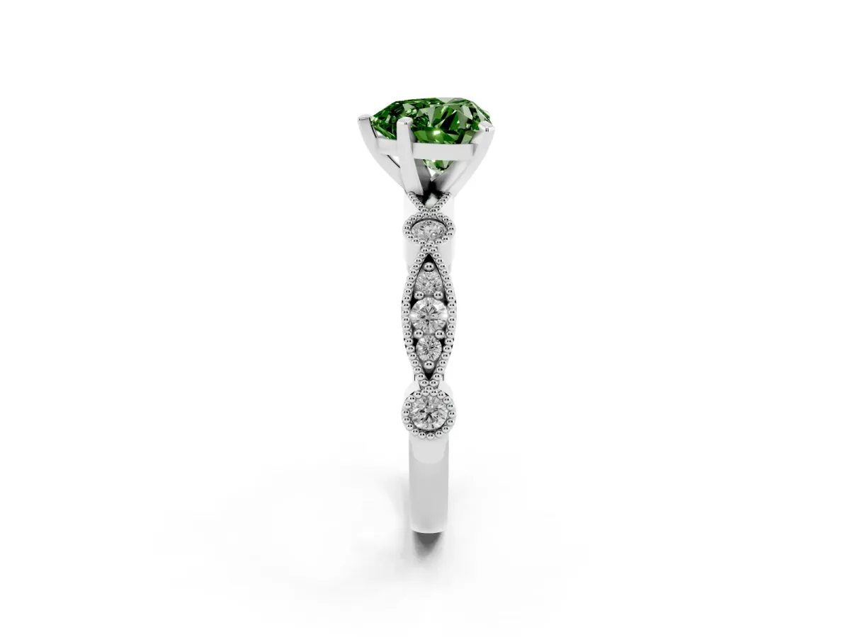 Fancy Green Heart Cut Milgrain Bezel Diamond Engagement Ring with Solitaire Prong Setting Silver