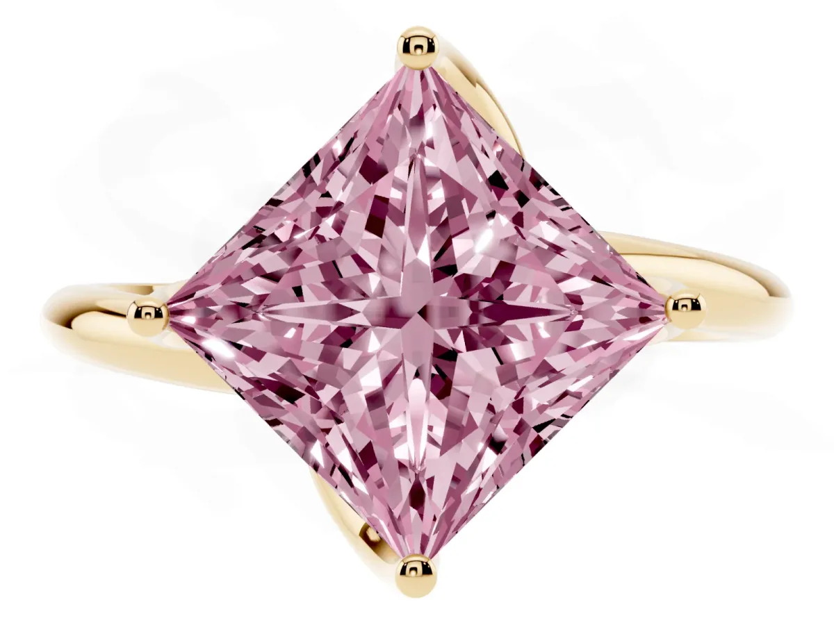 Fancy Pink Princess Cut Diamond Solitaire Engagement Ring with Four-Prong Setting and Classic Band Yellow gold