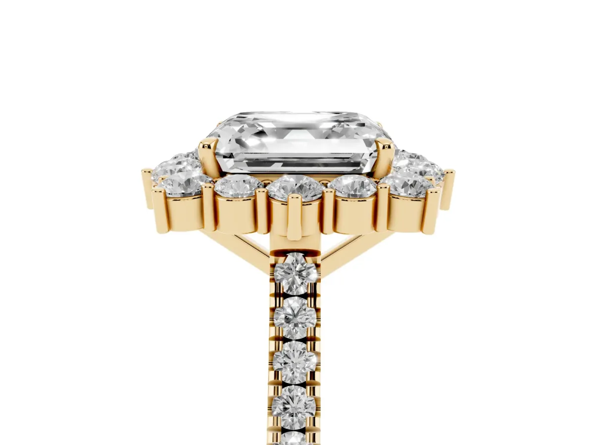 Asscher Cut Halo Diamond Ring with Pavé Band and Prong Setting Yellow gold